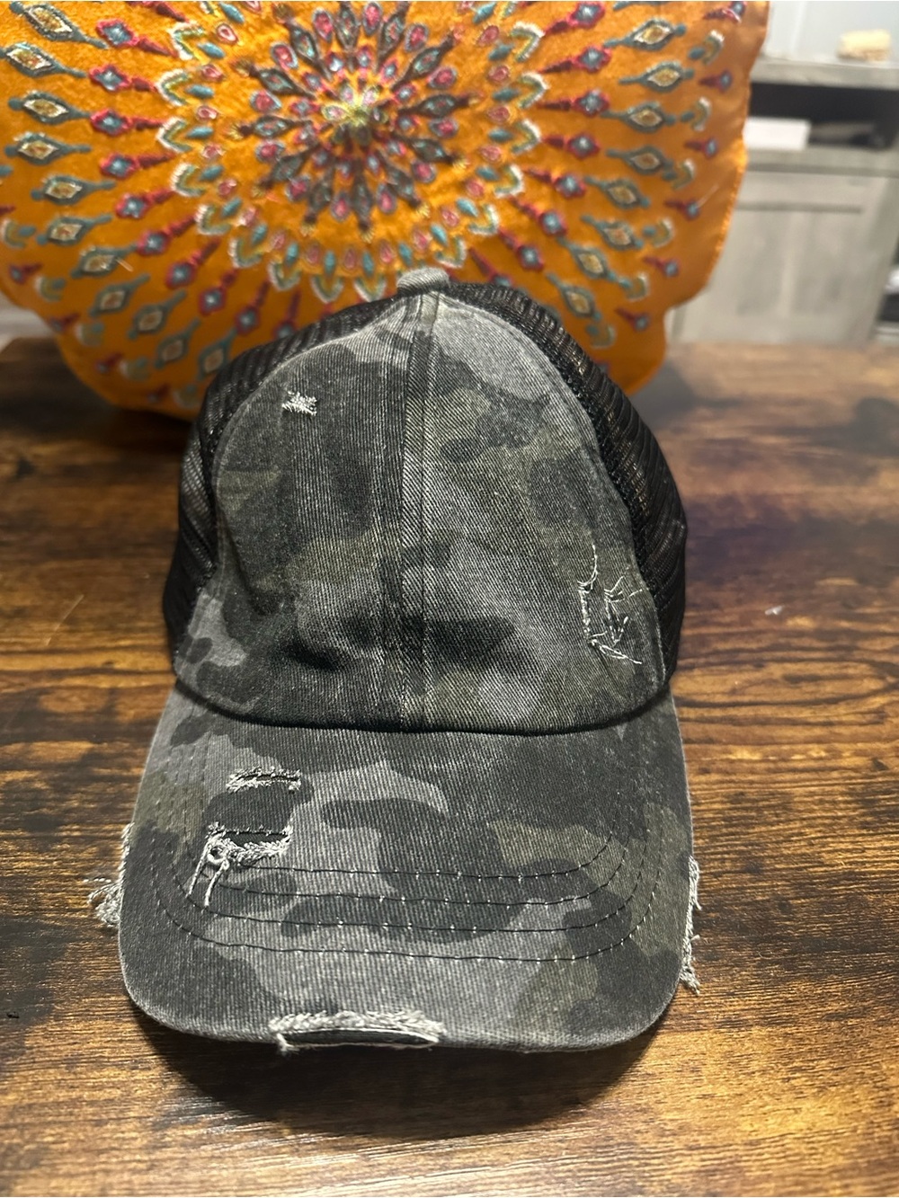 C.C Distressed Black Gray Camo Trucker Hat